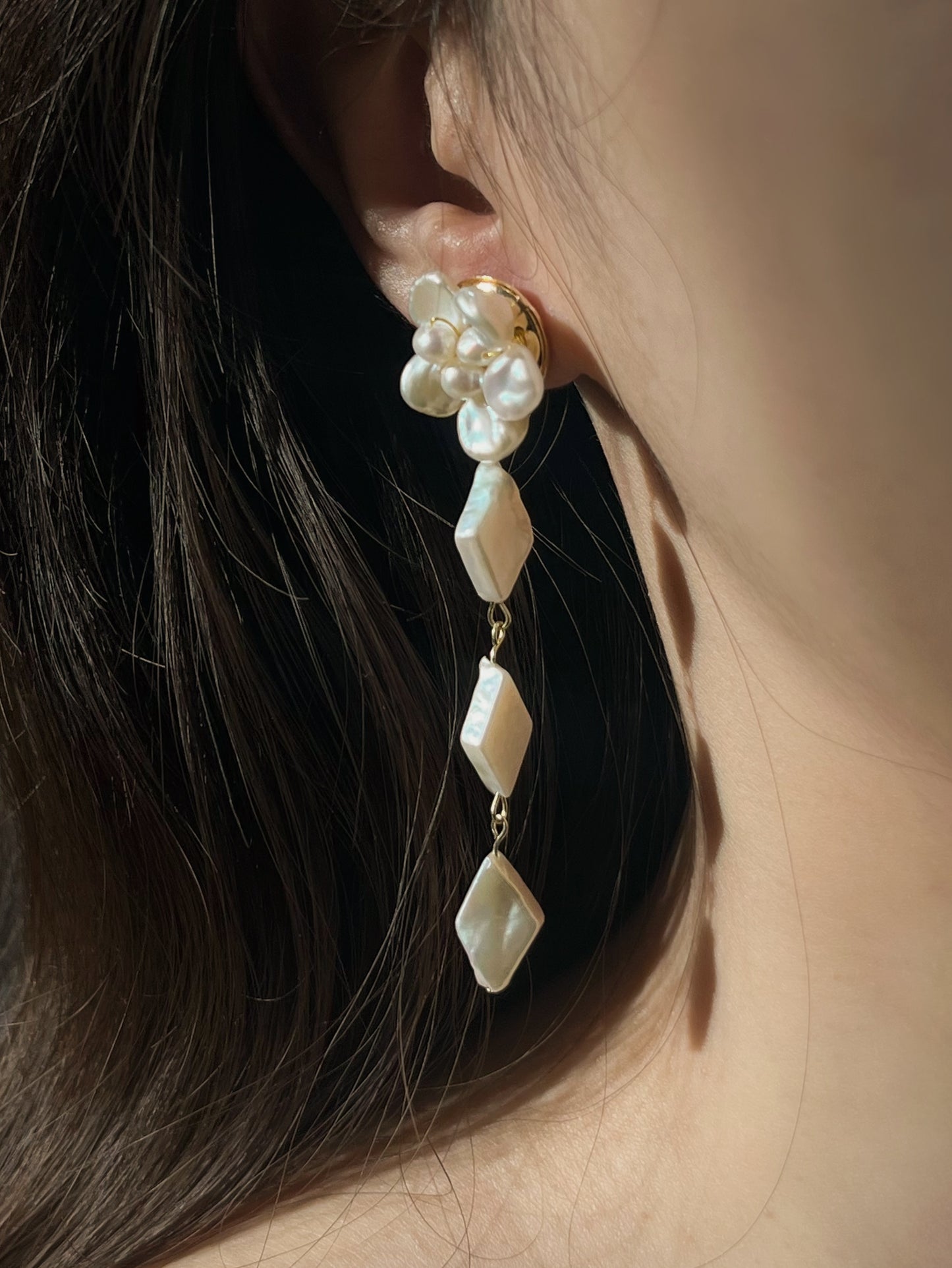 Keshi Pearls Flower Diamond Dangle Earrings №26