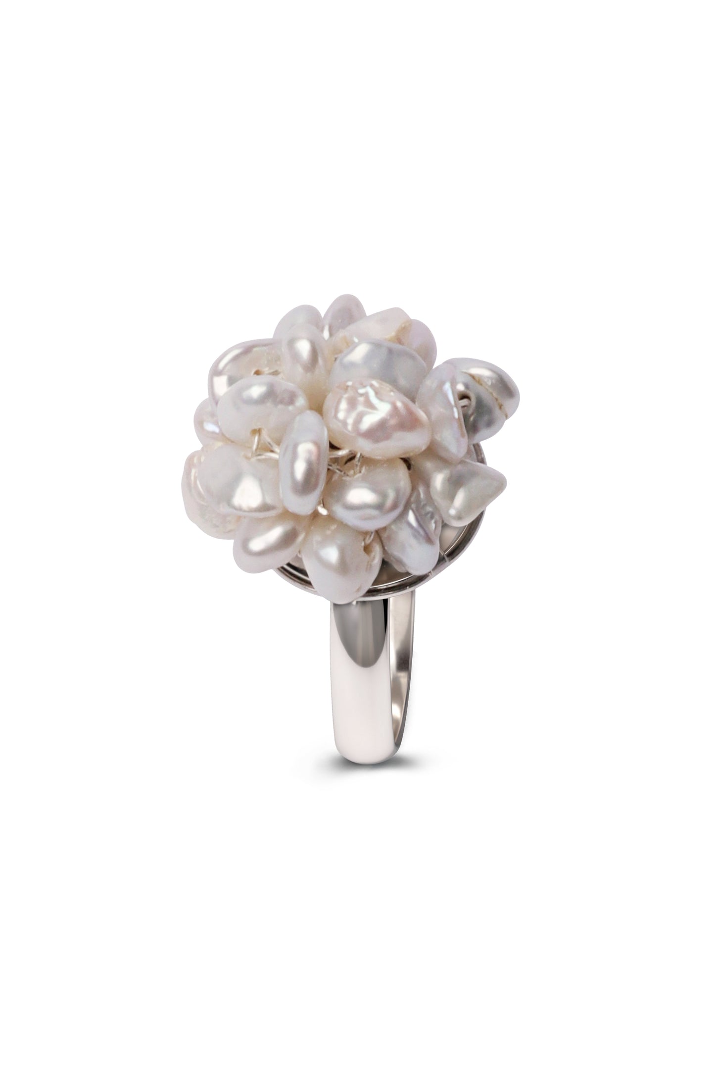 Silver ring with a cluster of pearls on a white background