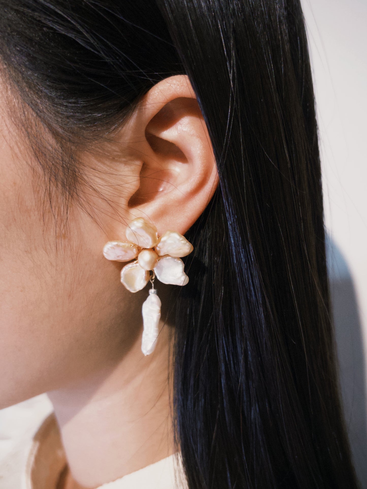 Pink Keshi Pearls Flower Biwa Pearl Earrings №36