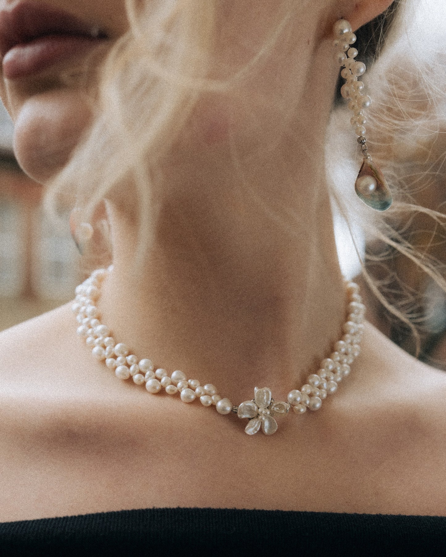 White Pearl Flower Dewdrop Double Strand Necklace №67