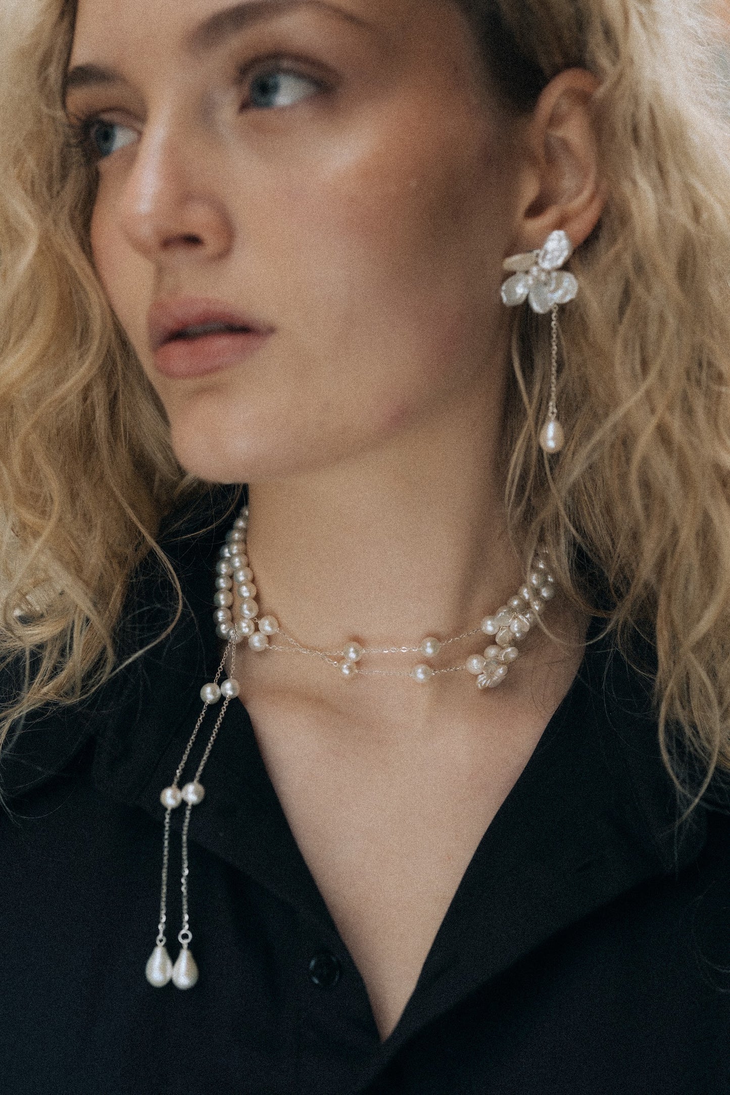 White Pearl Flower Long Drop Necklace №66