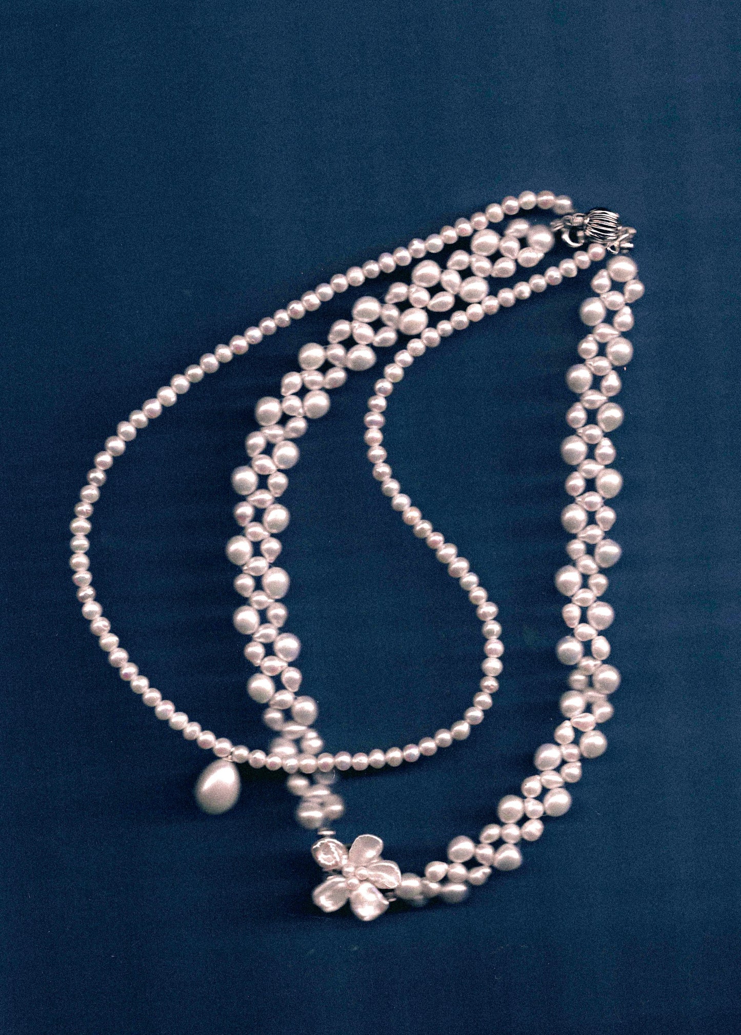 White Pearl Flower Dewdrop Double Strand Necklace №67