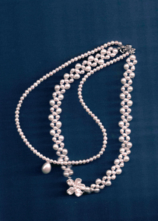 White Pearl Flower Dewdrop Double Strand Necklace №67