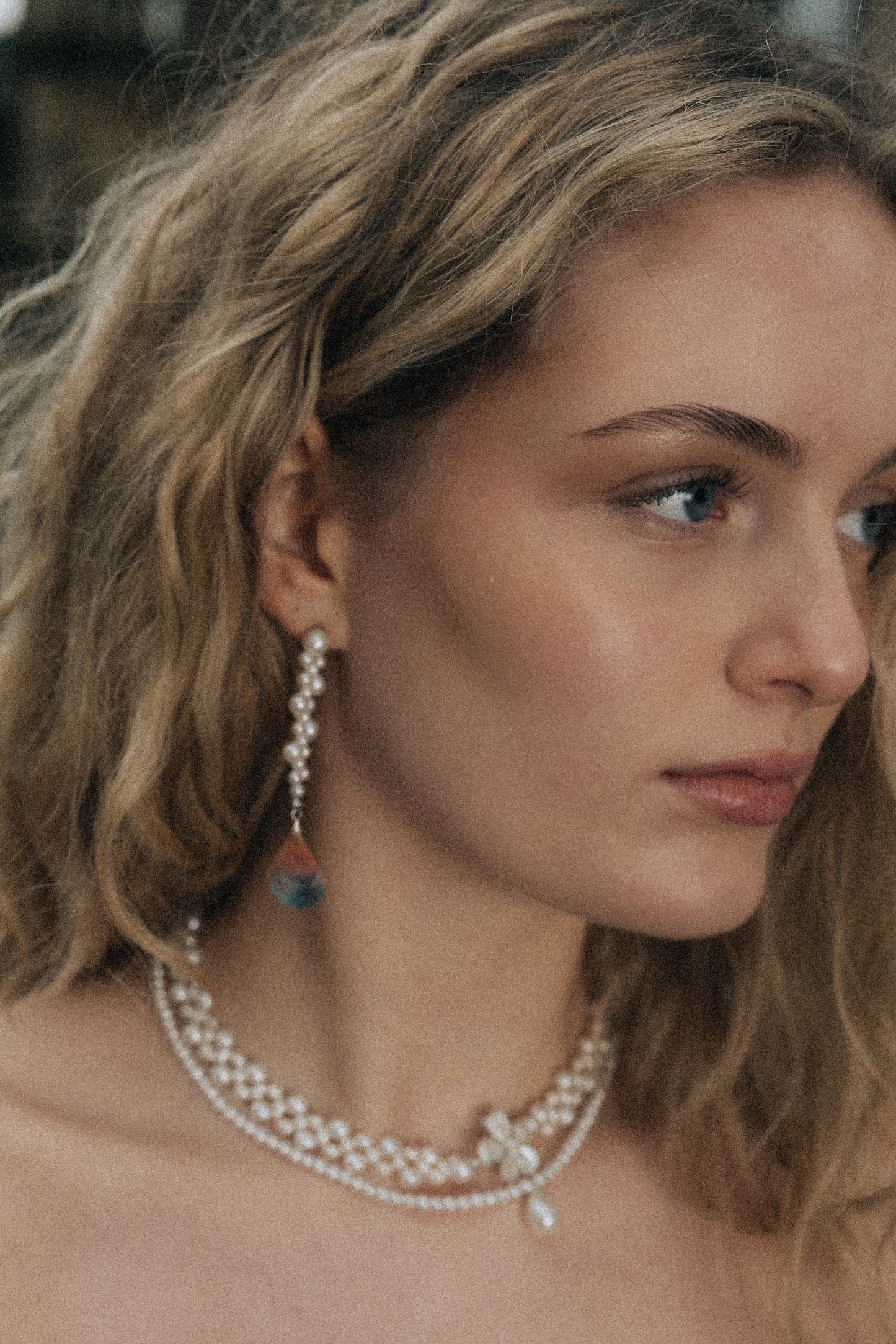 White Pearl Flower Dewdrop Double Strand Necklace №67