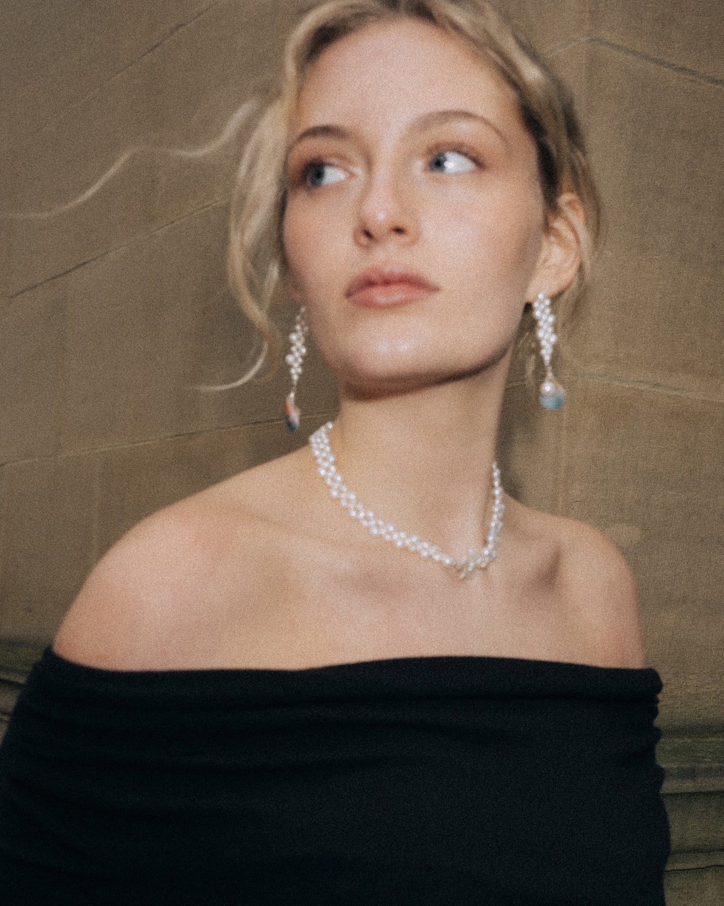 White Pearl Flower Dewdrop Double Strand Necklace №67