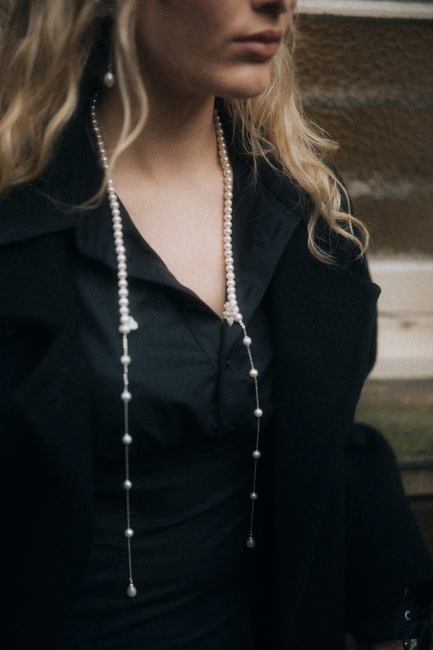 White Pearl Flower Long Drop Necklace №66