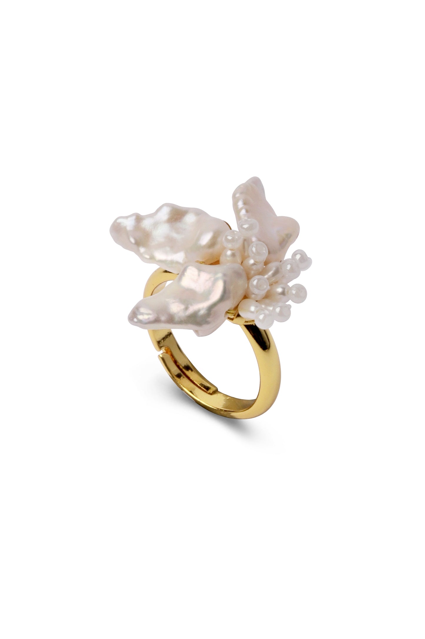 Gold ring with petal-like pearl on a white background