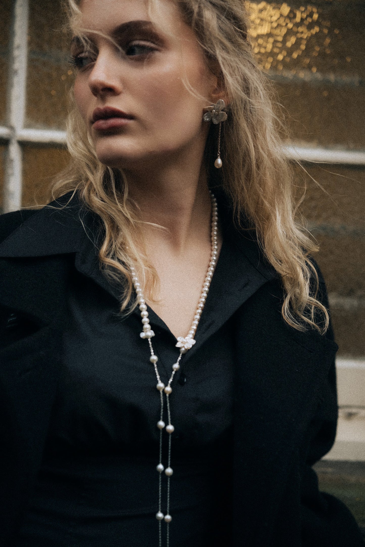 White Pearl Flower Long Drop Necklace №66