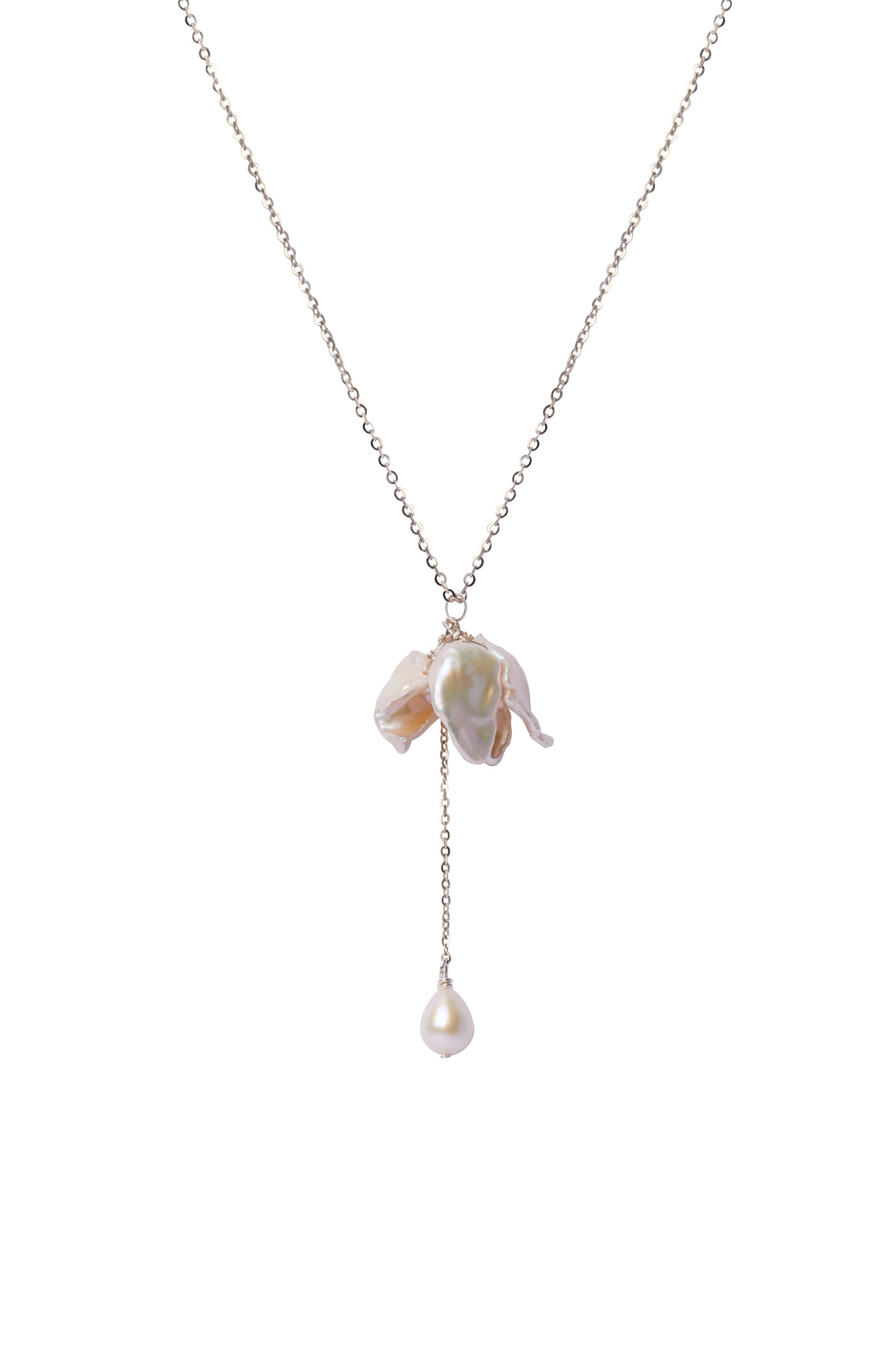 Necklace with a floral pendant and pearl drop on a white background
