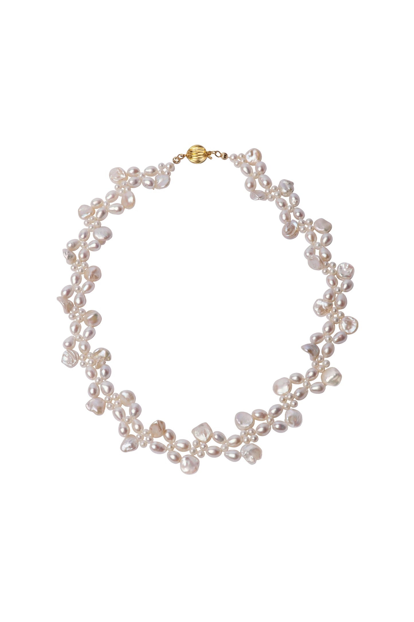 Pearl necklace with a gold clasp on a white background