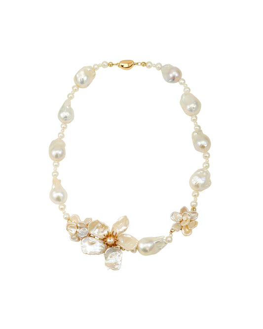 Mini Baroque White Keshi Pearl Flower Necklace №53