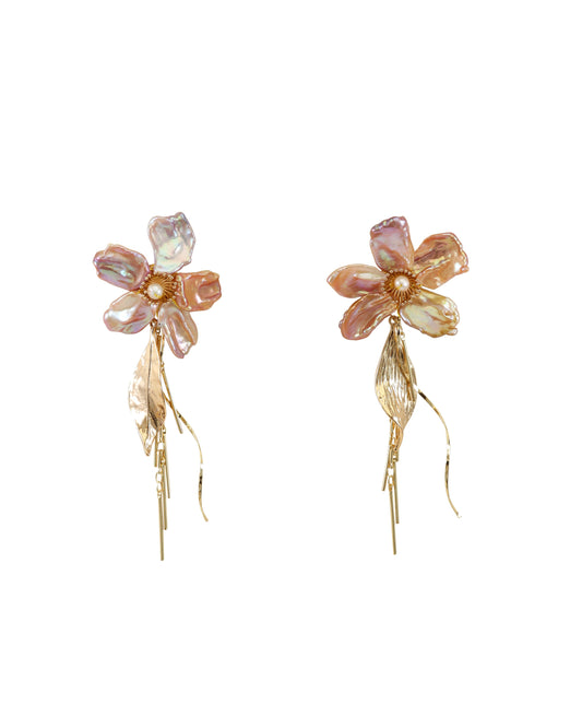 Pink/Purple Keshi Pearl Flower Golden Leave Drop Earrings №59