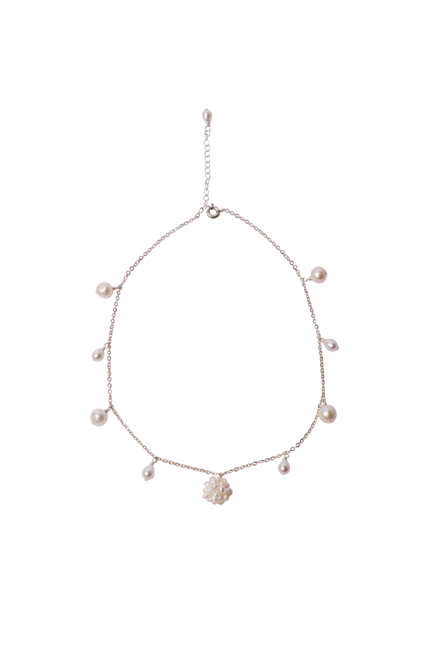 Necklace with pearls and a woven pearl flower pendant on a white background