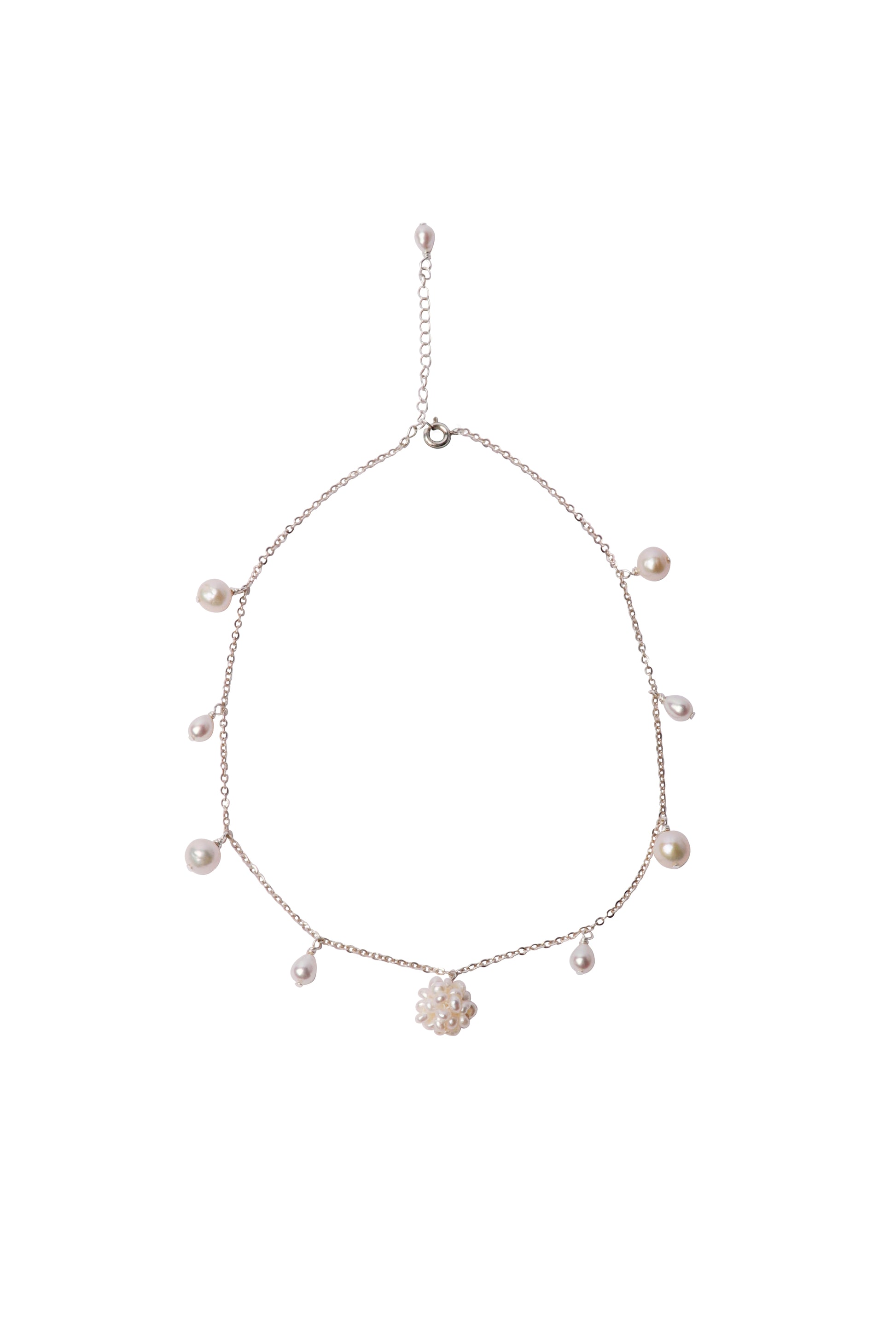 Necklace with pearls and a woven pearl flower pendant on a white background
