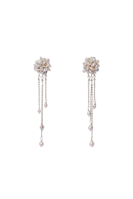 Pair of floral earrings with chain details on a white background