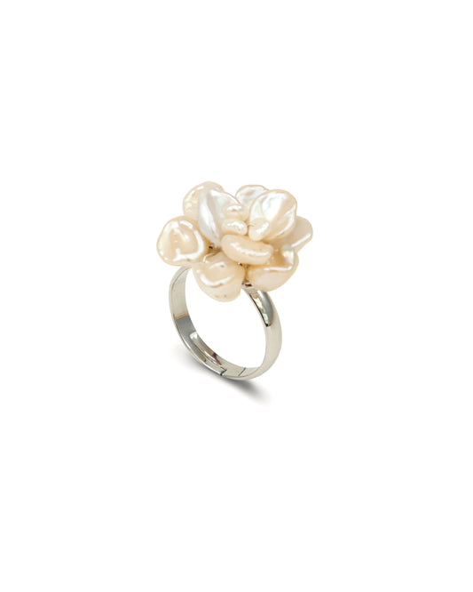Small White 3D Keshi Pearl Flower Ring №49