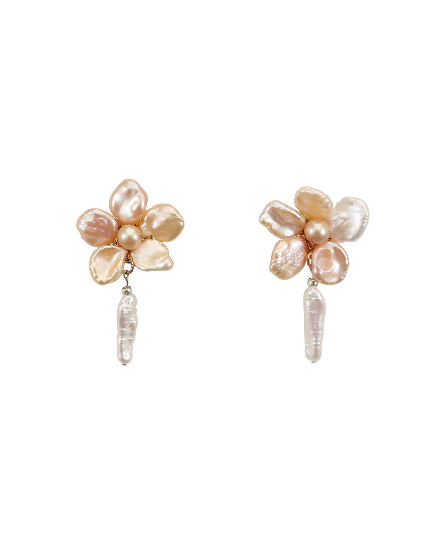 Pink Keshi Pearls Flower Biwa Pearl Earrings №36