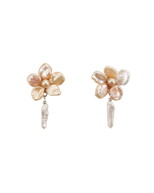 Pink Keshi Pearls Flower Biwa Pearl Earrings №36