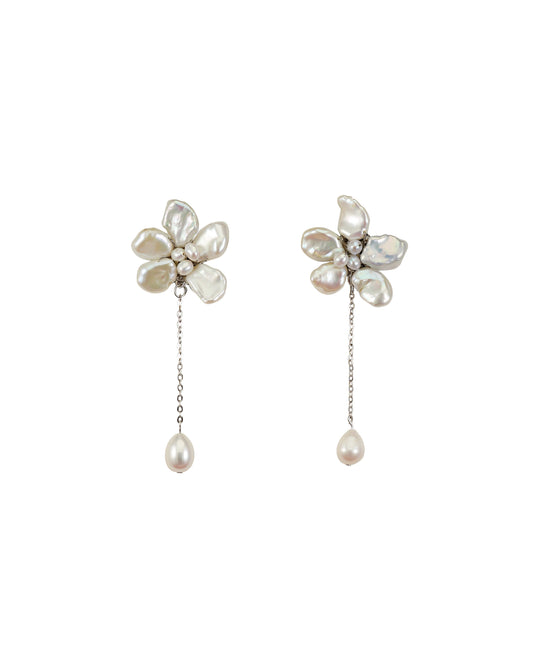 White Keshi Pearls Flower Drop Earrings №35