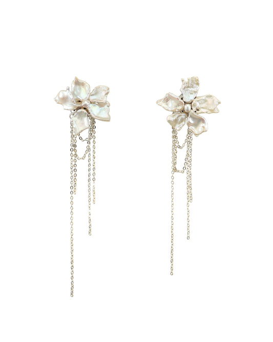 White Keshi Pearls Flower Long Tassel Drop Earrings №41